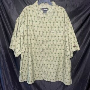 FUBU Men's Short Sleeve Collared Button-Up Shirt Green, Palm Trees, Size 3X